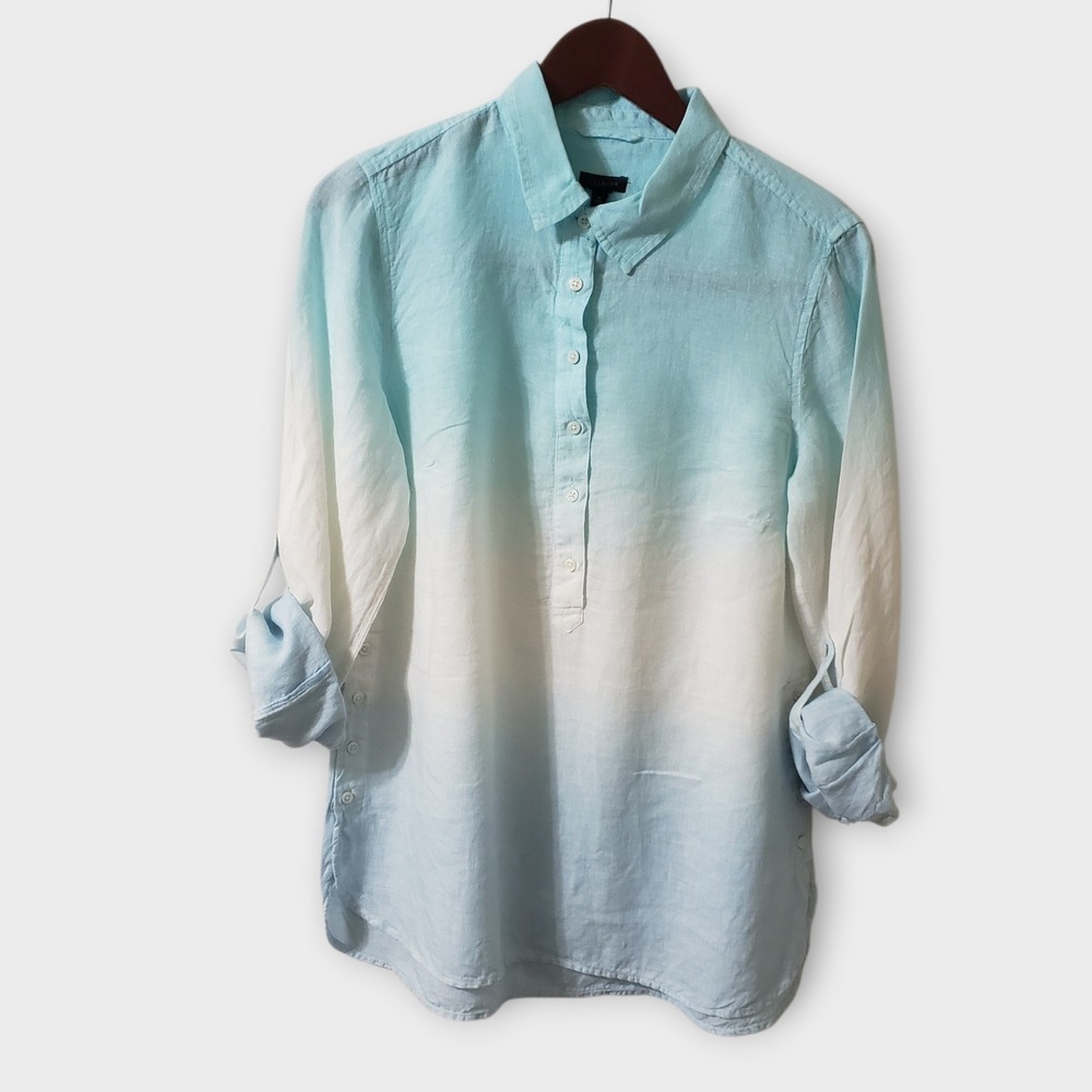 Talbots Womens Teal Blue Ombre 100% Linen Henley Tunic Shirt Size Medium